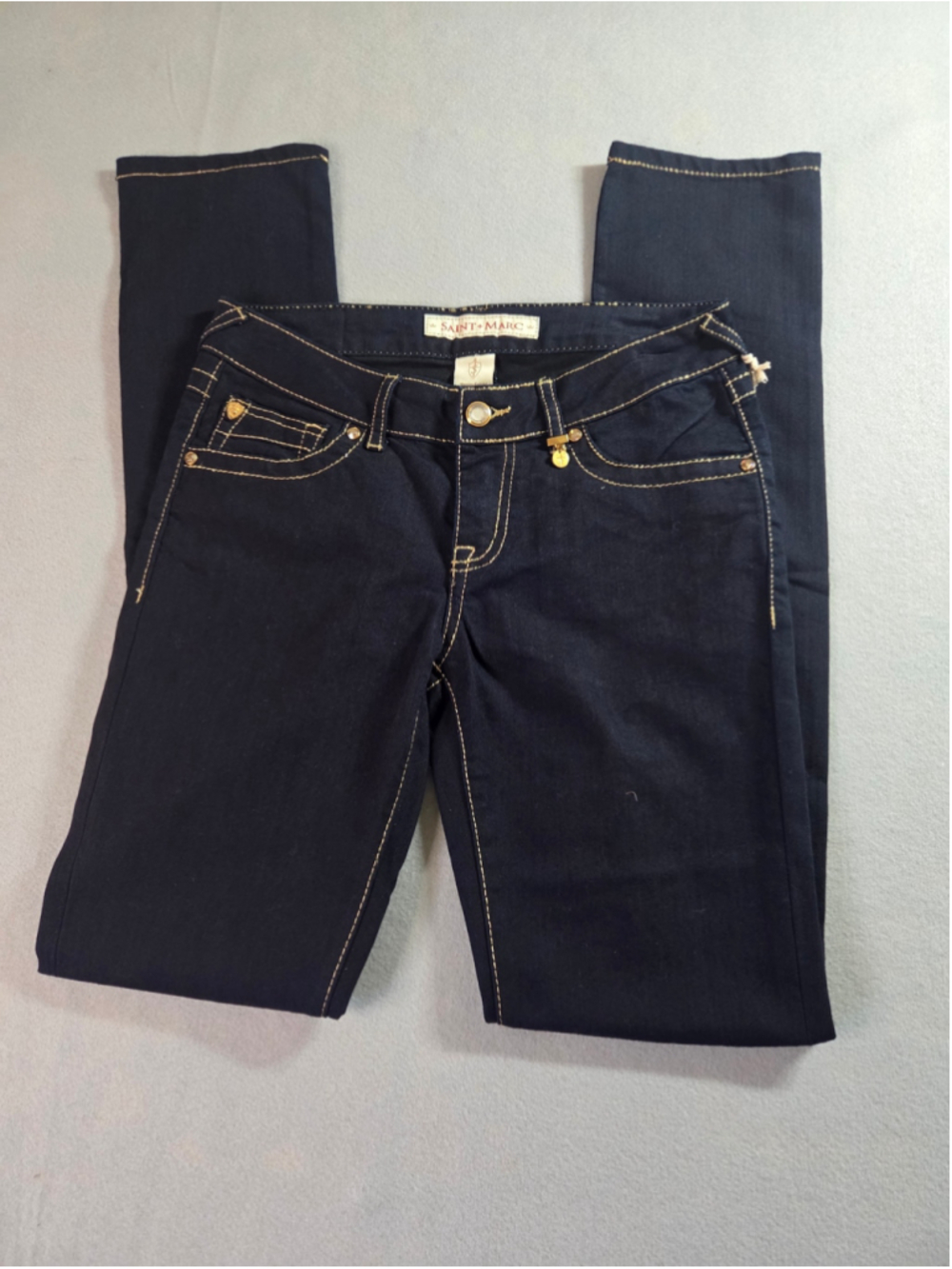 Women's Saint + Marc Skinny Jeans Size 27 Dark Blue Gold Stitching